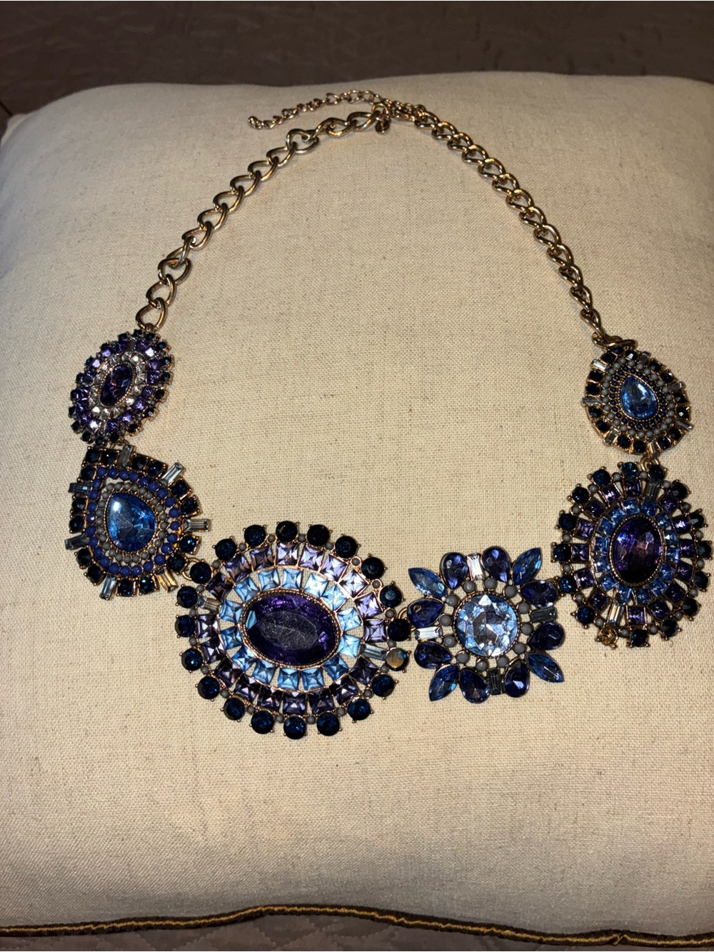 Chico’s Statement Blue and Purple Crystal Floral Bib Necklace - Gold Chain